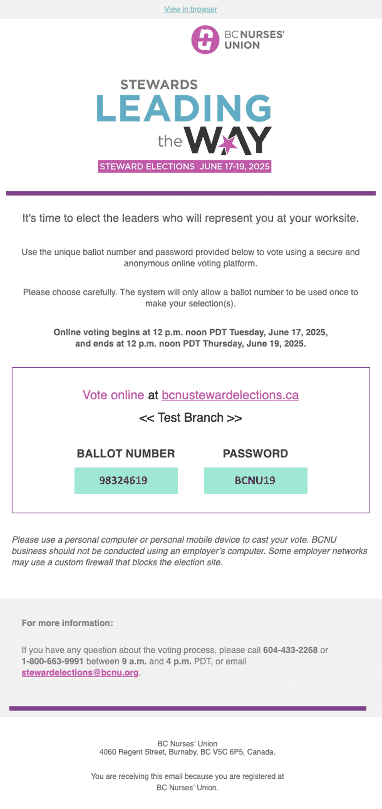 BC Nurses’ Union steward elections email ballot